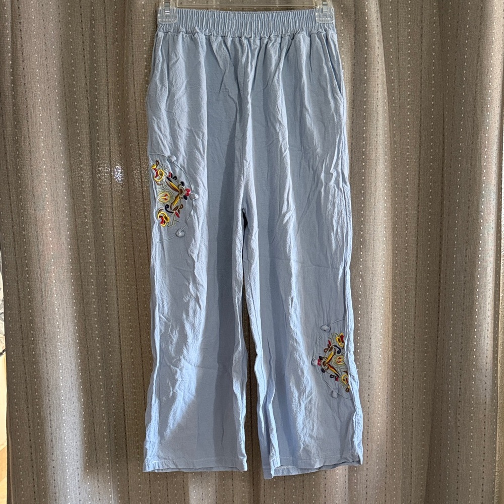 Embroidered Light Blue Women's Pants